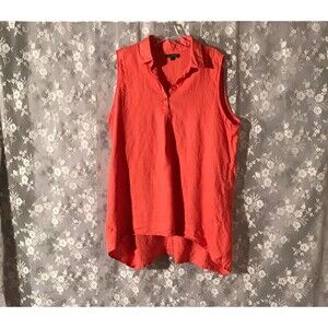 For Cynthia Orange Linen Top Size Large Sleeveless Collared Office Chic